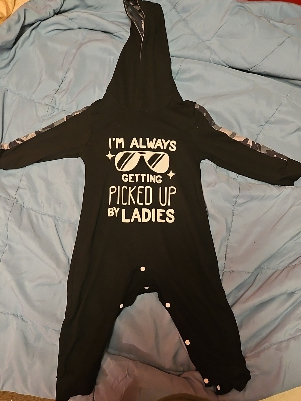 Black Hooded One-Piece Romper with Slogan